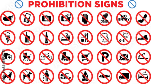 Flat Vector Icon Set of Common Prohibited and Forbidden Symbols, No Entry, No Smoking, No Parking, and Warning Signs