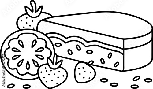 Strawberry cake slice and fresh fruit outline dessert illustration, sweet pie garnish, simple black and white drawing