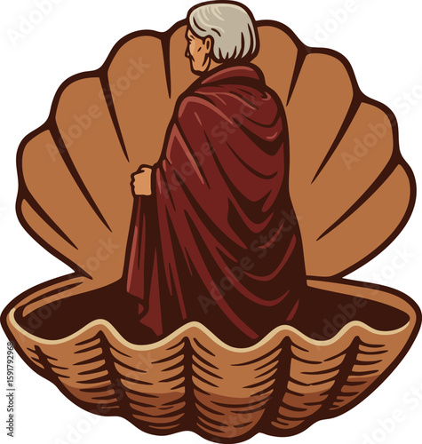 Elderly person wearing red cloak standing inside large brown clam shell illustration vector