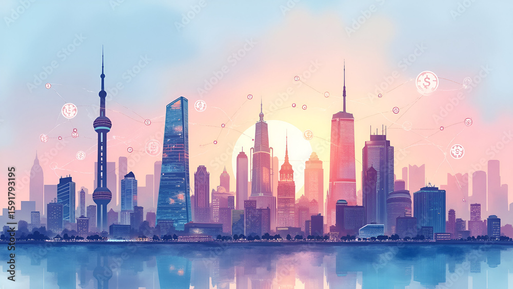 Obraz premium Futuristic World Economy Skyline: Watercolor Illustration of Digital Currency Symbols & Trade Routes in Soft Pastel Lighting - Conceptual Photo Stock with Empty Space