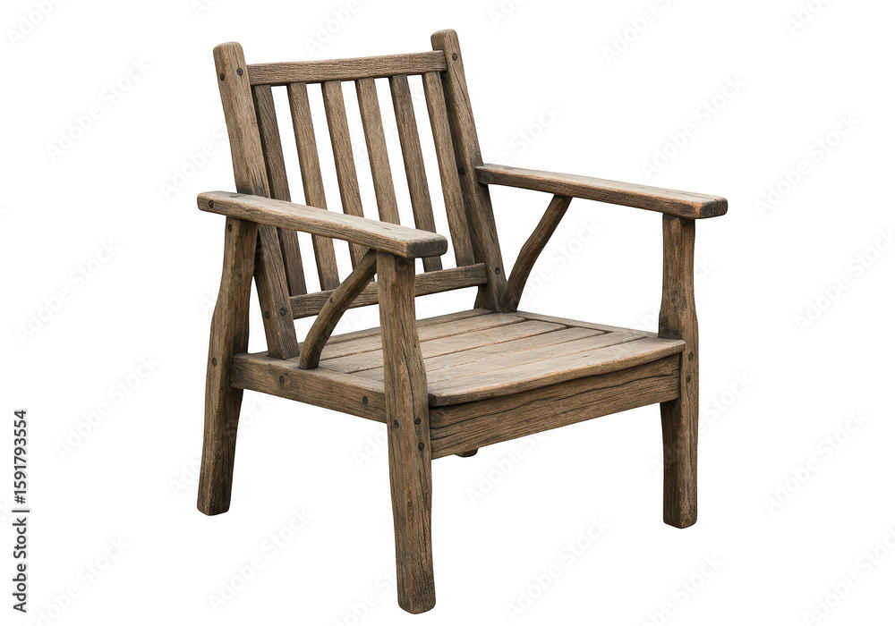 A rustic wooden armchair for outdoor seating, isolated on a transparent background A rustic wooden armchair for outdoor seating, isolated on a transparent background