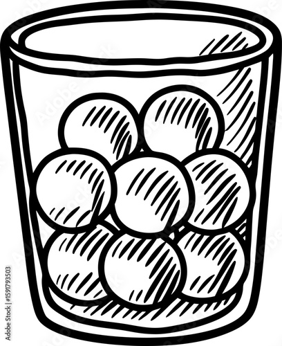 Glass tumbler filled with round ice cubes hand drawn black and white sketch, minimalist beverage concept illustration
