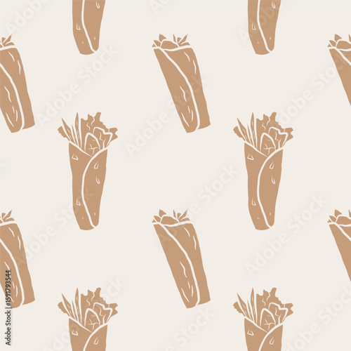 Shawarma Sandwich seamless pattern. Repeating background with Traditional Fast Food, wrapped in flatbread, meat, vegetables, falafel. Design for wrapping, menu, cover, textile. Vector illustration