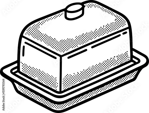 Rectangular butter dish with lid hand drawn vintage food storage container, dotted engraving