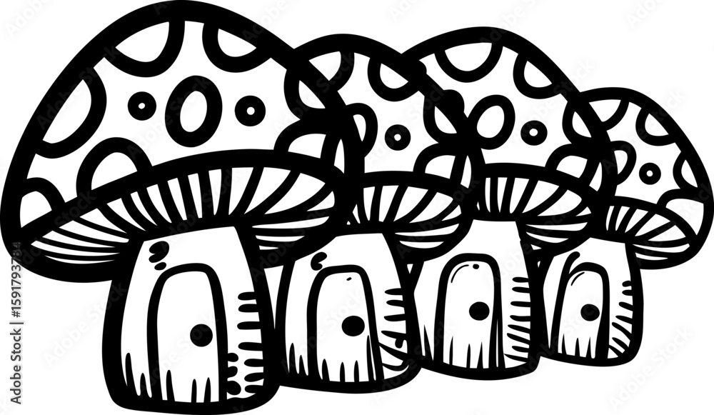 Fototapeta premium Group of mushrooms black and white line drawing, whimsical fungi illustration, nature doodle art