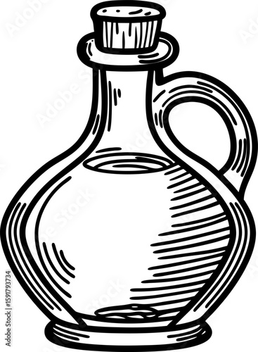 Vintage glass oil cruet with cork stopper hand drawn illustration of elegant clear vessel for kitchen liquids