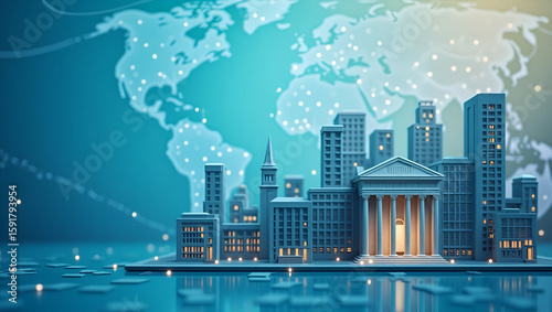 Realistic International Banking System: Global Bank Branches and SWIFT Transactions in a High-Detail Composition with Central Bank Regulation Theme - Stock Photo with Empty Space on Left