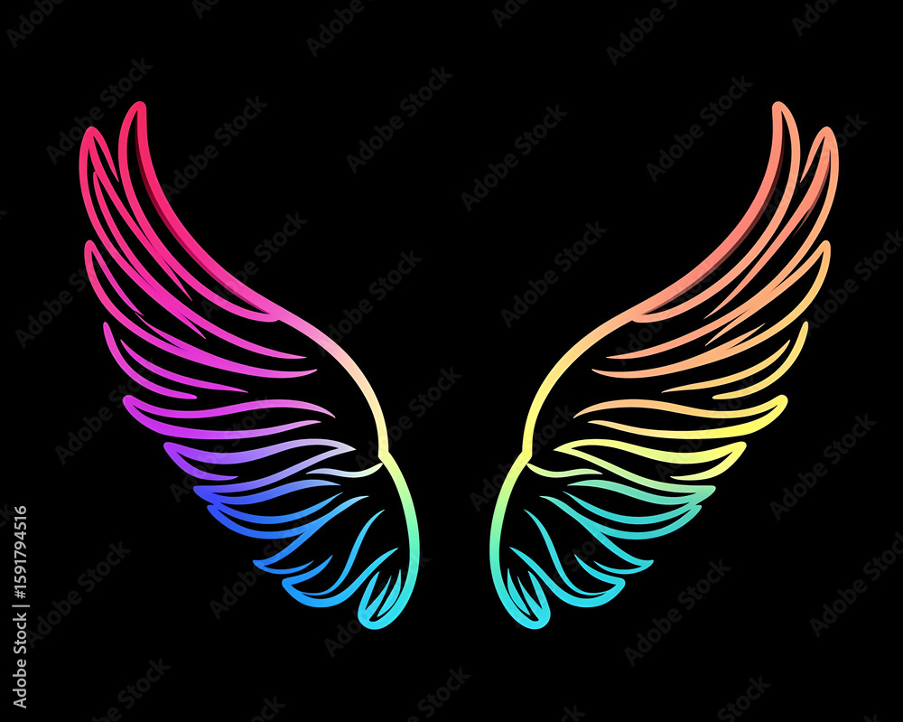 Obraz premium Bold neon sign depicting angel wings in glowing blue and red lights against a dark background. Flat, powerful design with a minimalistic and modern aesthetic, strong visual impact.