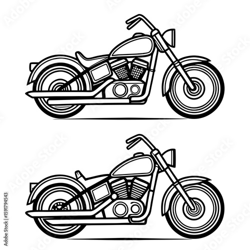 Black and white vector illustrations of two motorcycles chopper cruiser