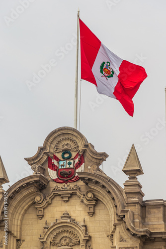 Peruvian flag at Government's Palace of Peru, Lima Main Square