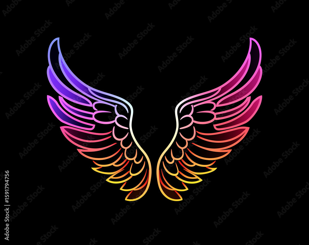 Obraz premium Bold neon sign depicting angel wings in glowing blue and red lights against a dark background. Flat, powerful design with a minimalistic and modern aesthetic, strong visual impact.