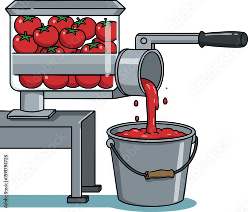 Tomato press machine extracting fresh red tomato juice into metal bucket vector illustration