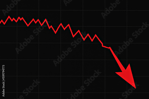 Bright red arrow plummeting on black grid chart, symbolizing economic downturn, market crash or financial crisis. Concept of negative investment trends or losses. Economic crash red arrow graph