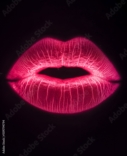  Close-up of lips glowing in the dark with fluorescent pink lipstick. Minimalistic composition with neon glow effect, artistic style, bold contrast, and futuristic atmosphere.