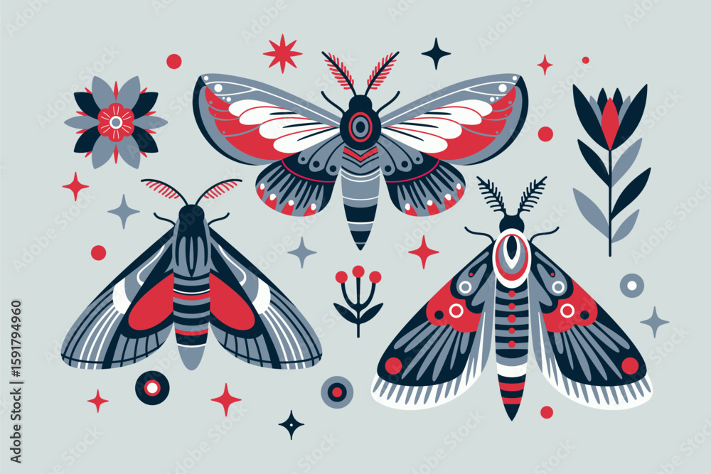 Fototapeta premium Vibrant Moth and Floral Vector Illustration with Decorative Elements in Red, Blue, and Gray Tones