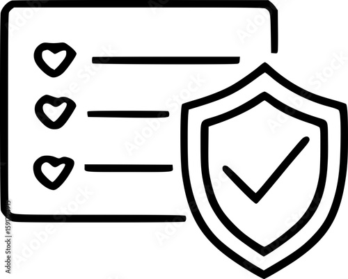 Checklist with heart icons and a shield with a checkmark representing security and validation of items