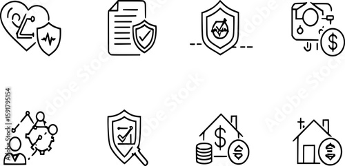 Illustration showing heart health shield document security and financial management icons in black and white