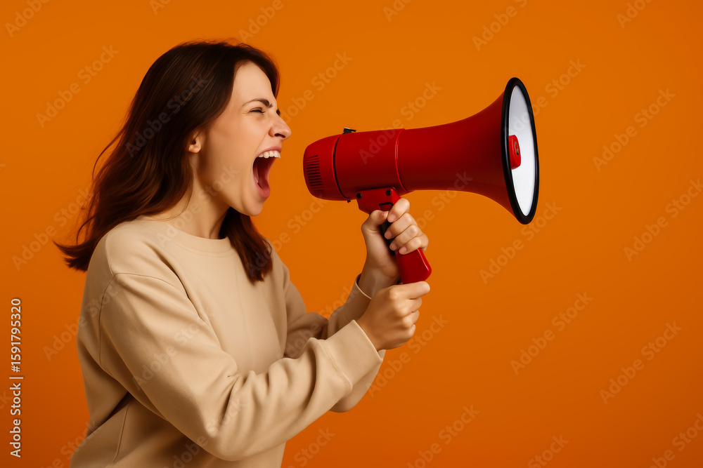 Young woman shouting into a red megaphone against orange background Young woman shouting into a red megaphone against orange background
