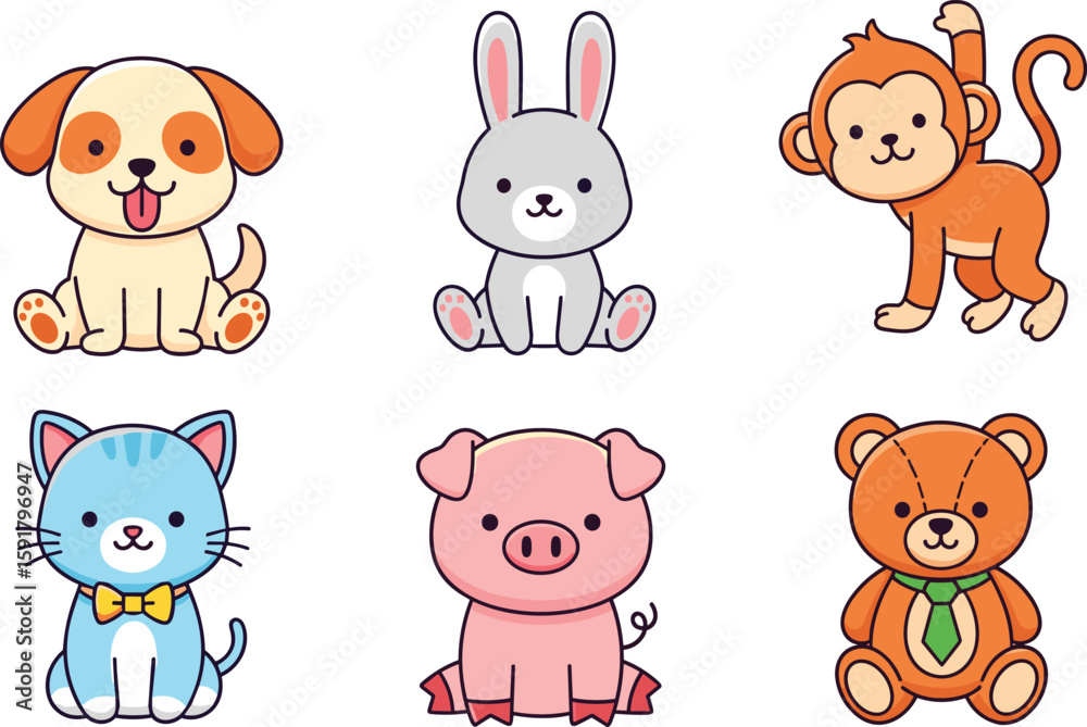 Cute cartoon animals, dog, rabbit, monkey, cat, pig, teddy bear, playful characters, children’s illustration, colorful vector, isolated, fun Cute cartoon animals, dog, rabbit, monkey, cat, pig, teddy bear, playful characters, children’s illustration, colorful vector, isolated, fun