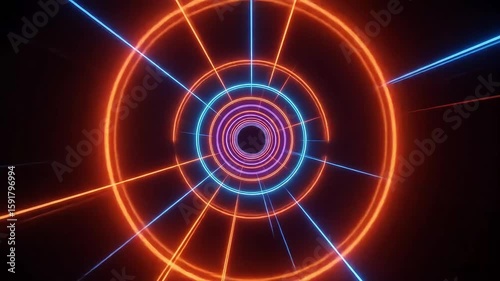 Vibrant neon circular patterns radiating from a central point, creating a dynamic visual effect