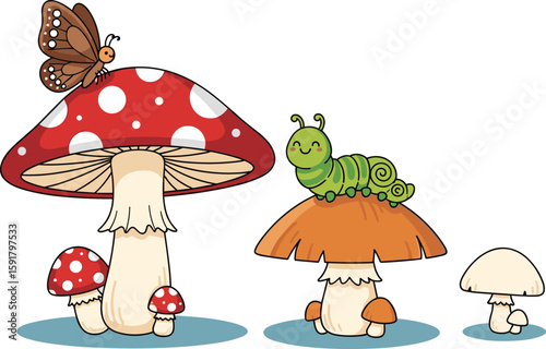 Cute cartoon mushrooms with butterfly and caterpillar, whimsical forest scene, colorful fungi, nature illustration, playful insect characters, children’s artwork, vector