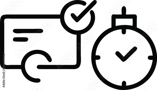 Black outline icon of a credit card with a checkmark and a stopwatch payment tick
