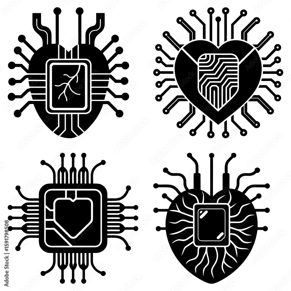 Fototapeta premium Four black heart shaped microchips with circuit board elements in a vector illustration style design