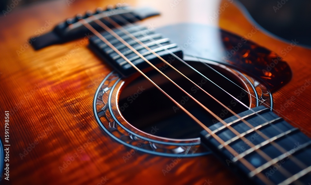 Fototapeta premium Ideas for Music Production Effects. Close-up of the wood grain and strings on an acoustic guitar, Generative AI.
