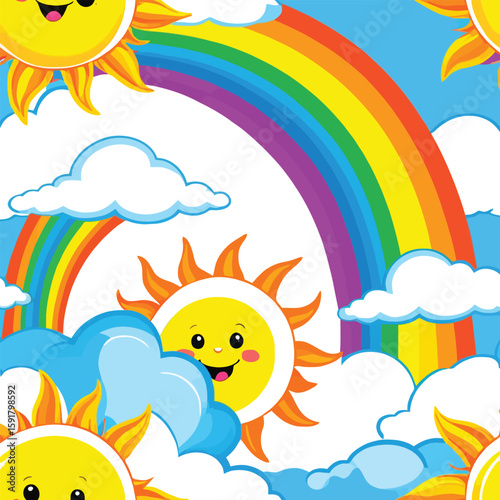 Cheerful Cartoon Seamless Pattern with Smiling Suns, Colorful Rainbows and Fluffy Clouds against a Light Blue Sky, designed as a happy, vibrant, repeating backdrop for optimistic and cheerful