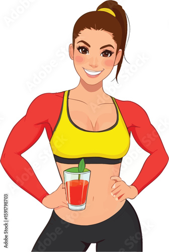 Cartoon Woman Fitness: Illustration of a Smiling Athletic Woman Holding a Healthy Red Smoothie or Juice in Sportswear