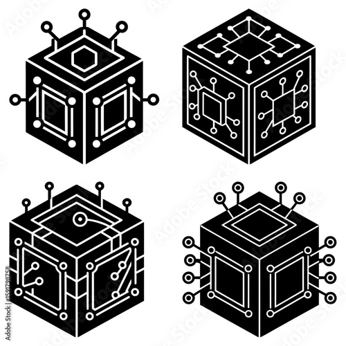 Illustration of four black isometric cubes with circuit board designs and protruding connectors