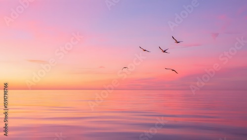 A flock of birds is flying over the ocean during a vibrant and colorful sunset.