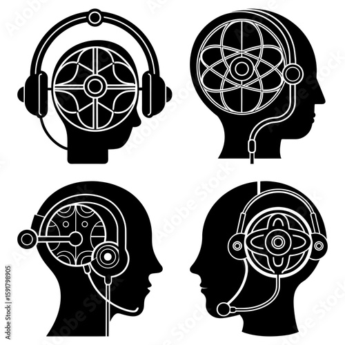 Illustrations of four human head profiles with internal gears and headphones in black and white style