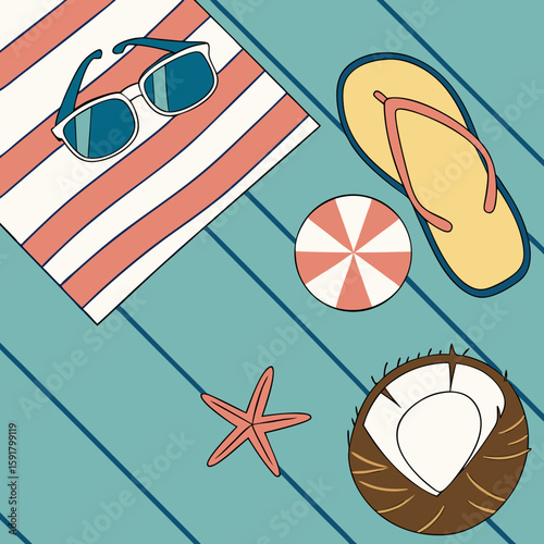 Beach Accessories on Blue Wooden Planks – Summer Holiday Banner