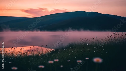 Misty mountain lake at sunrise