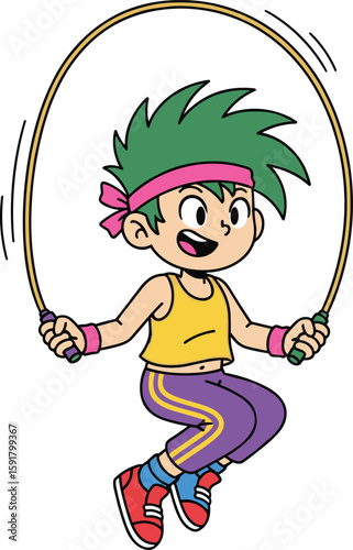 Energetic cartoon character with green hair, jumping rope, fitness activity, playful pose, colorful outfit, healthy lifestyle, fun, animated, isolated vector