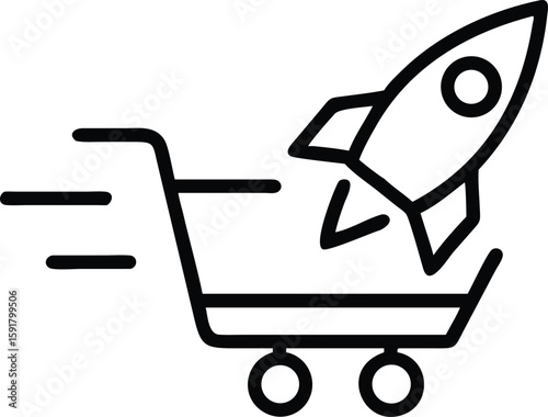 Black outline rocket ship launching from shopping cart icon speed fast