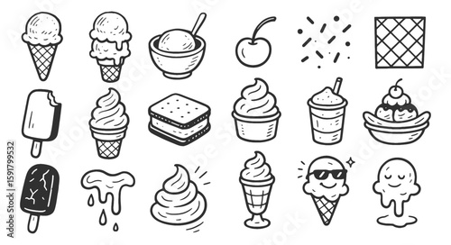 Ice cream doodle icon set. Cute hand drawn illustrations of cone, sundae, popsicle, banana split, swirl, waffle, cup. Black and white cartoon art for sweet dessert collection.