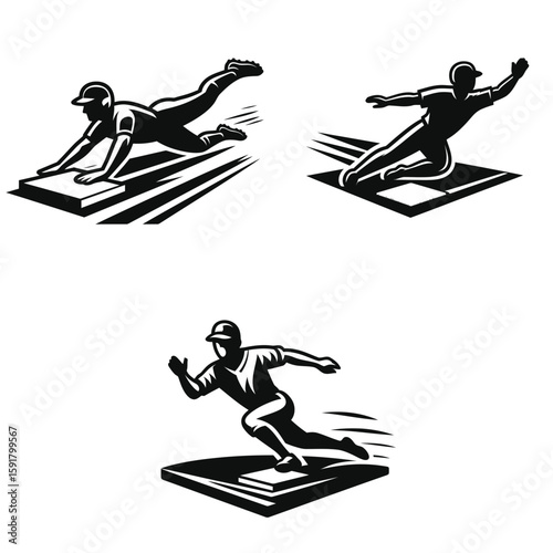 A Baseball baserunner sliding base. Sports Activity Playing Game Athlete Competition Clipart Line Art Vector Illustration. runner locomotion toward safety during attempt.