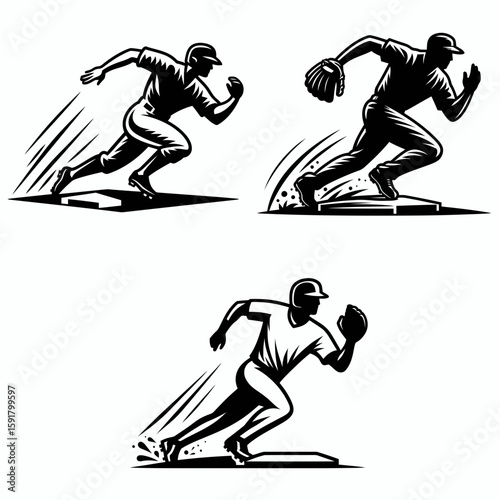 A Baseball baserunner stealing base. Sports Activity Playing Game Athlete Competition Clipart Line Art Vector Illustration. Diamond player advancing daring move for score during the.