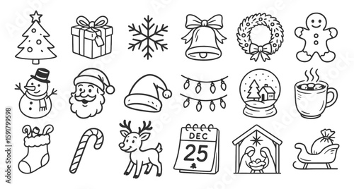 Christmas celebration ornaments doodle icon set. Cute hand drawn illustrations of santa, snowman, tree, bell, gift, reindeer, nativity. Black and white cartoon art for winter celebration.