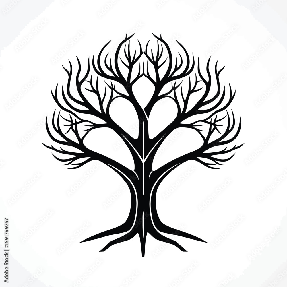 Obraz premium Stylized Black and White Tree Vector Illustration for Design Elements and Decorative Purposes, with bare branches creating a graphic focal point against a clean white background, suitable for various