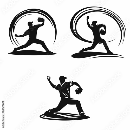 A Baseball pitcher curveball pitch. Sports Activity Playing Game Athlete Competition Clipart Line Art Vector Illustration. Hurling the sphere arc throw from mound hurler in diamond sport.