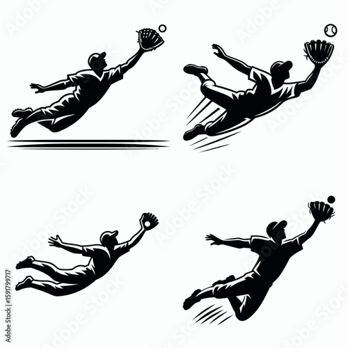 A Baseball outfielder diving catch. Sports Activity Playing Game Athlete Competition Clipart Line Art Vector Illustration. Athletic area player makes grab reaching for ball in action.