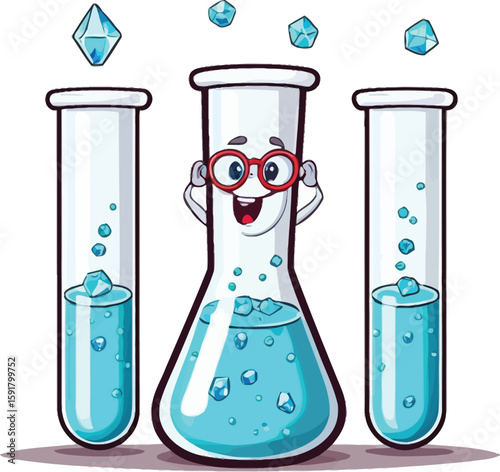Cartoon illustration featuring laboratory glassware with a beaker character wearing glasses surrounded by test tubes, embodying a playful approach to scientific learning and experimentation.