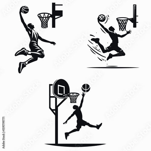 A Basketball player alley oop finish. Sports Activity Playing Game Athlete Competition Clipart Line Art Vector Illustration. An executes high lob pass completed with slam dunk.
