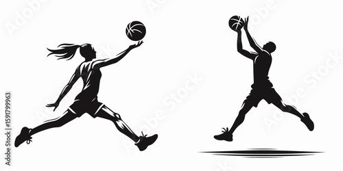 A Basketball player jump shot. Sports Activity Playing Game Athlete Competition Clipart Line Art Vector Illustration. Action sport launch high for basket scoring with ball.