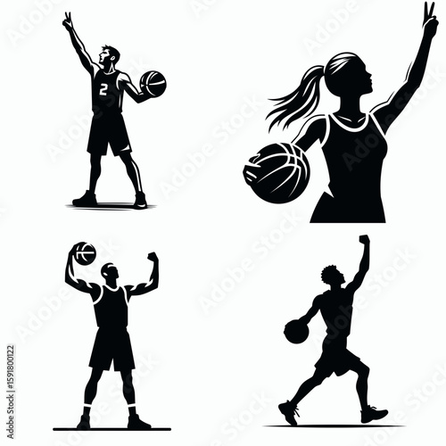 A Basketball player victory pose. Sports Activity Playing Game Athlete Competition Clipart Line Art Vector Illustration. Court success posture triumphant jump action sport champion image.