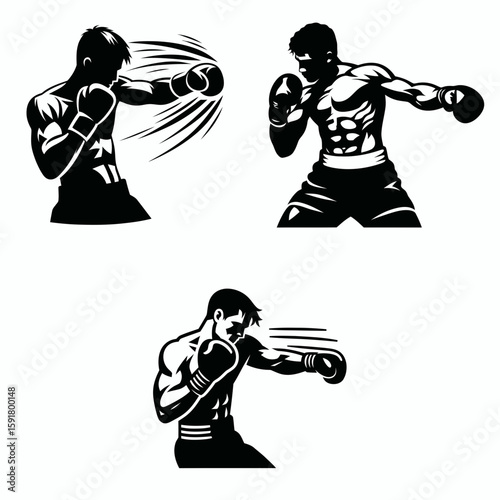 A Boxer counterpunch strike. Sports Activity Playing Game Athlete Competition Clipart Line Art Vector Illustration. Fighters reactive hit boxing match tactic an offensive move in pugilism.