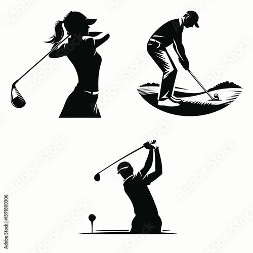 A Golfer approach shot. Sports Activity Playing Game Athlete Competition Clipart Line Art Vector Illustration. Golf player targeting pin near green fairway strike with an iron.